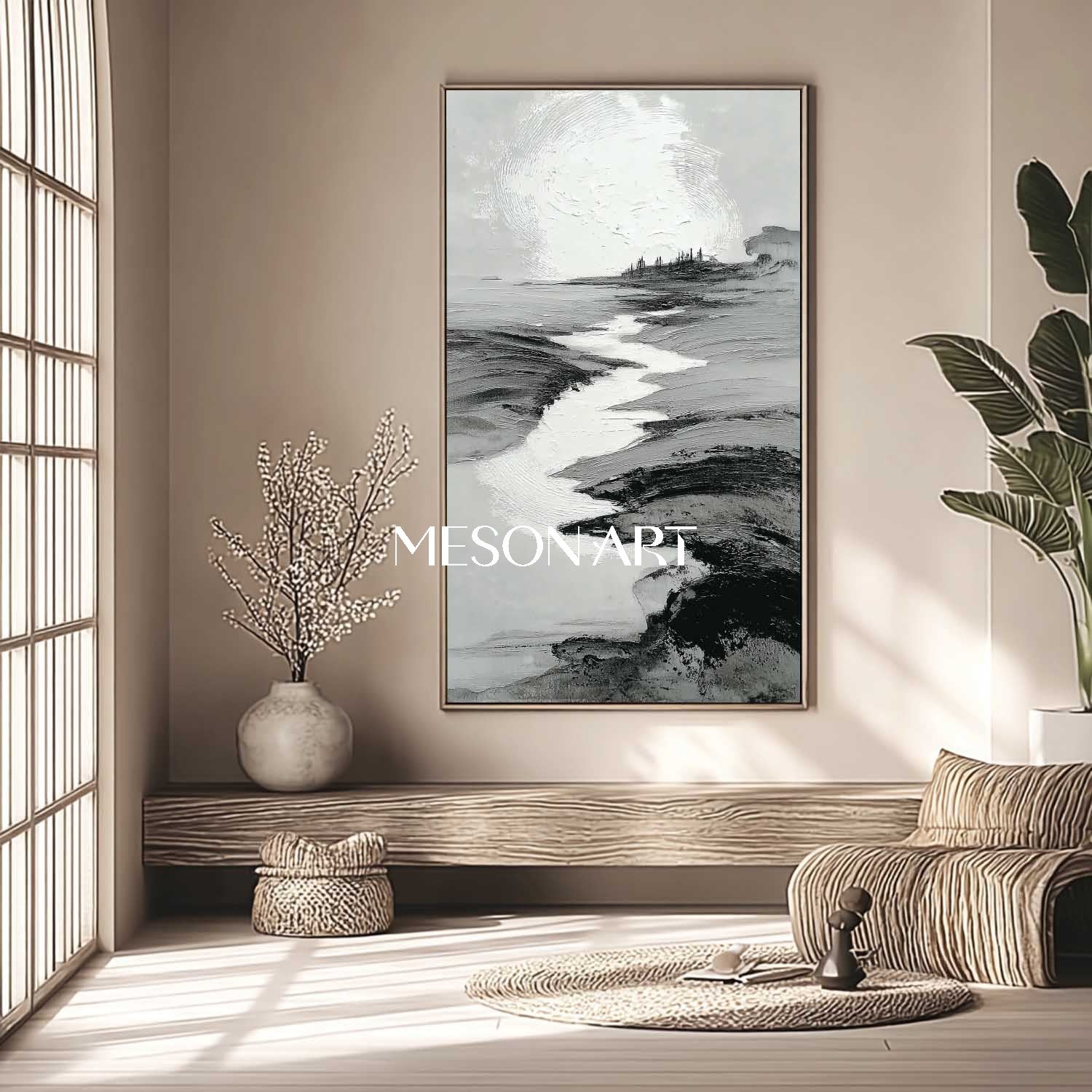 Wabi Sabi Inspired Black Textured Landscape Modern Hallway Wall Art