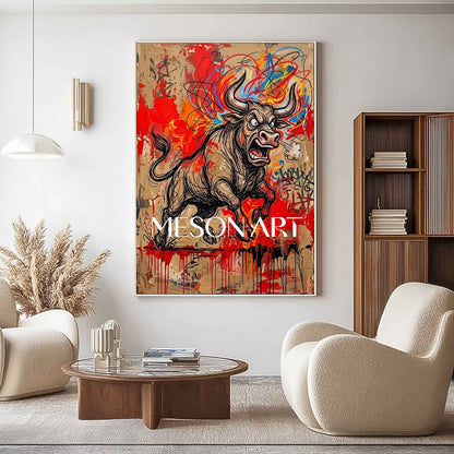 MesonArt Abstract Charging Bull Canvas Painting Red Graffiti Plaster Textured Wall Art for Modern Office Decor