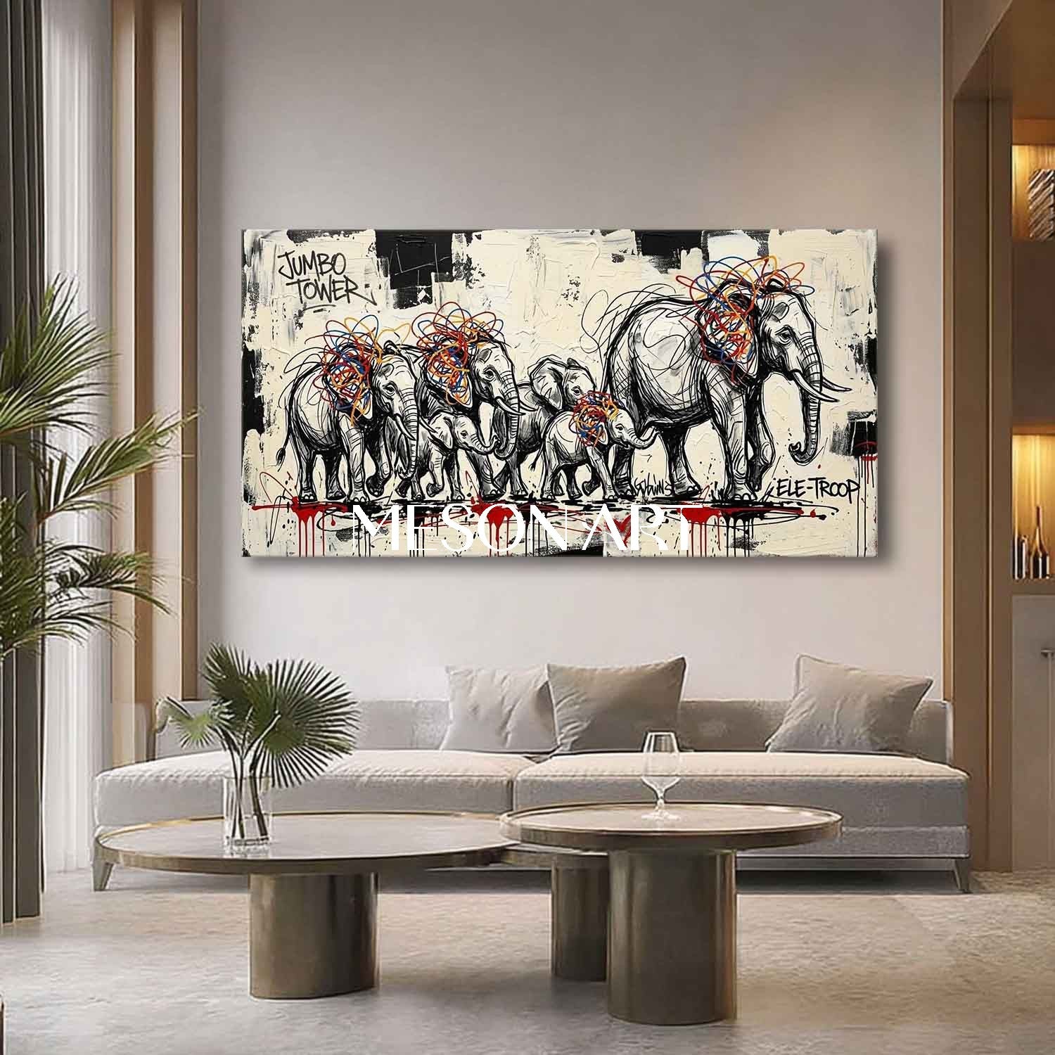 Large Elephant Canvas Art Graffiti Animal Wall Decor Elephant Family Painting