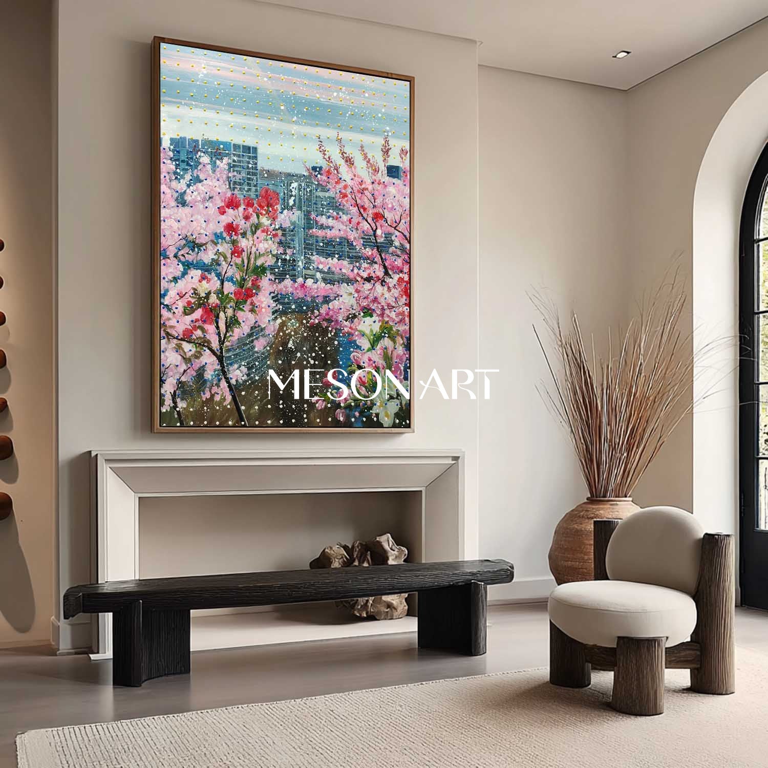 Cherry Blossom Cityscape Wall Art Modern Floral Canvas Painting