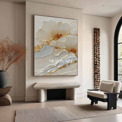 Gold and white flowers plaster art white flowers wall art decor Flowers texture canvas painting