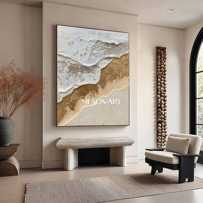 Gold and white ocean waves beach abstract art Ocean waves abstract canvas wall painting decor ideas