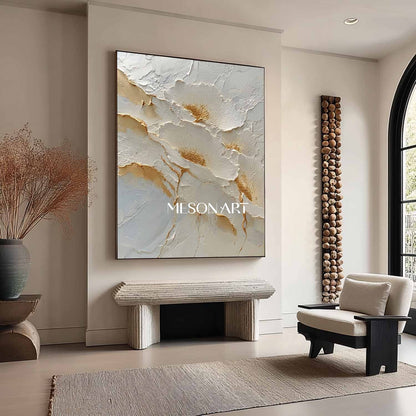 Gold and White Flowers Plaster Canvas Art Decoration White Flowers Wall Art Flowers Texture Painting