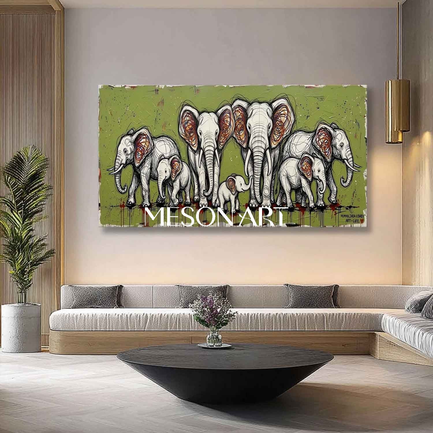 Abstract Elephant Family Oil Painting Large 3D Textured Canvas Wall Art Green Modern Home Decor