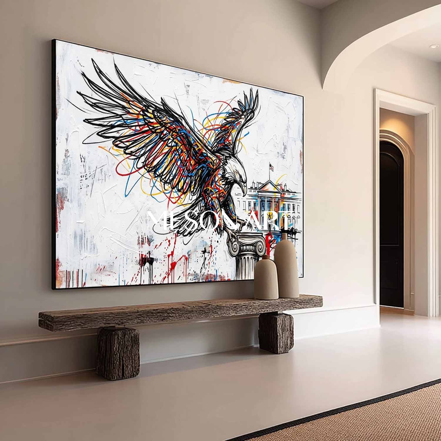 Modern Pop Art Bald Eagle & White House Textured Canvas Painting Abstract Line Art Eagle Graffiti Style Animal Art
