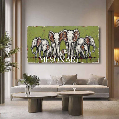 Abstract Elephant Family Oil Painting Large 3D Textured Canvas Wall Art Green Modern Home Decor