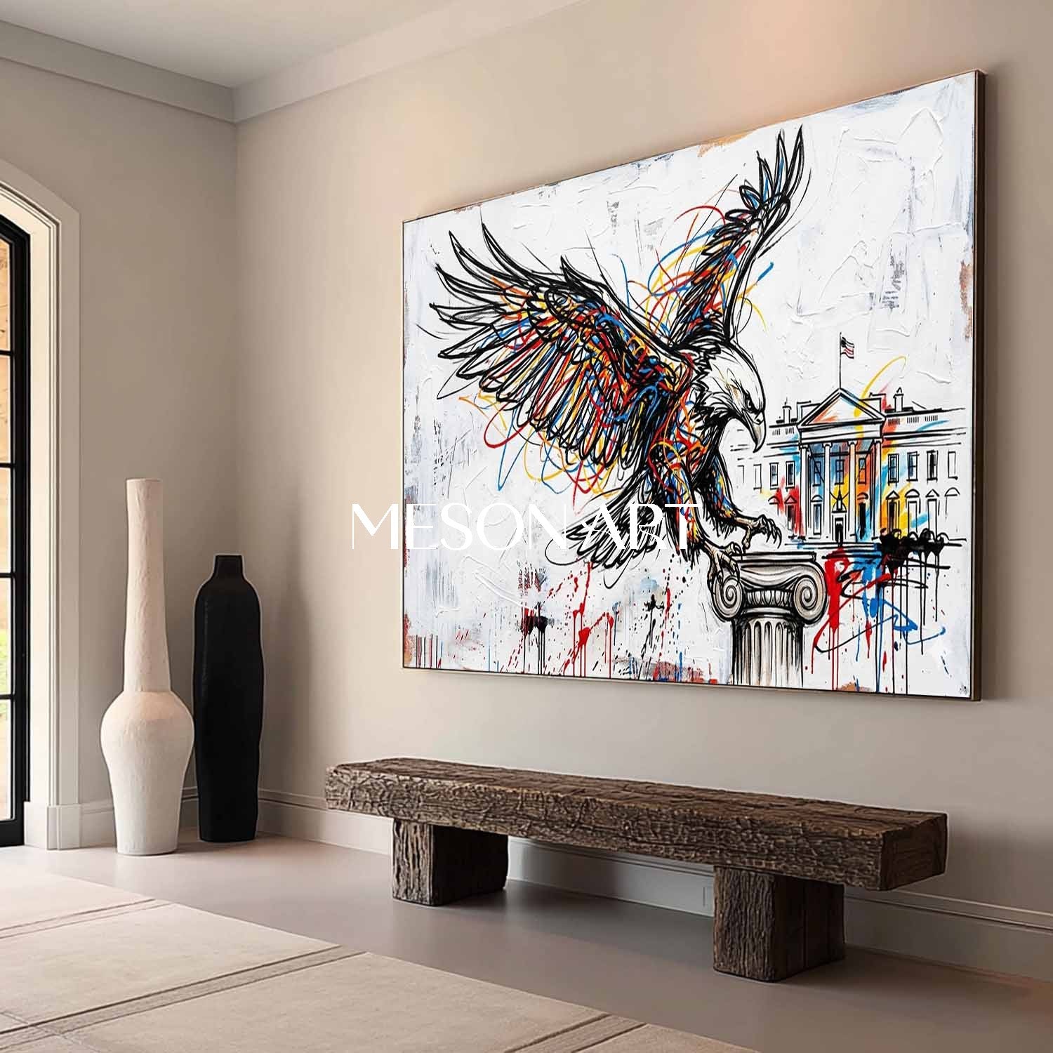Modern Pop Art Bald Eagle & White House Textured Canvas Painting Abstract Line Art Eagle Graffiti Style Animal Art
