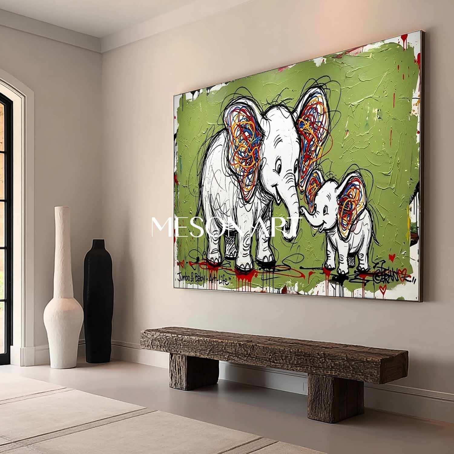 Avocado Green Elephant Canvas Art Abstract Elephant Graffiti Painting for Sale