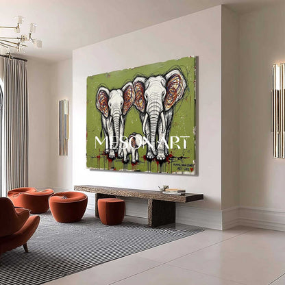 Textured Elephant Family Canvas Wall Art, 3D Pop Street Art For Living Room & Nursery Decor - MesonArt