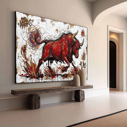 Aggro Red Bull Graffiti Canvas Painting 3D Textured Modern Wall Art for Office & Living Room