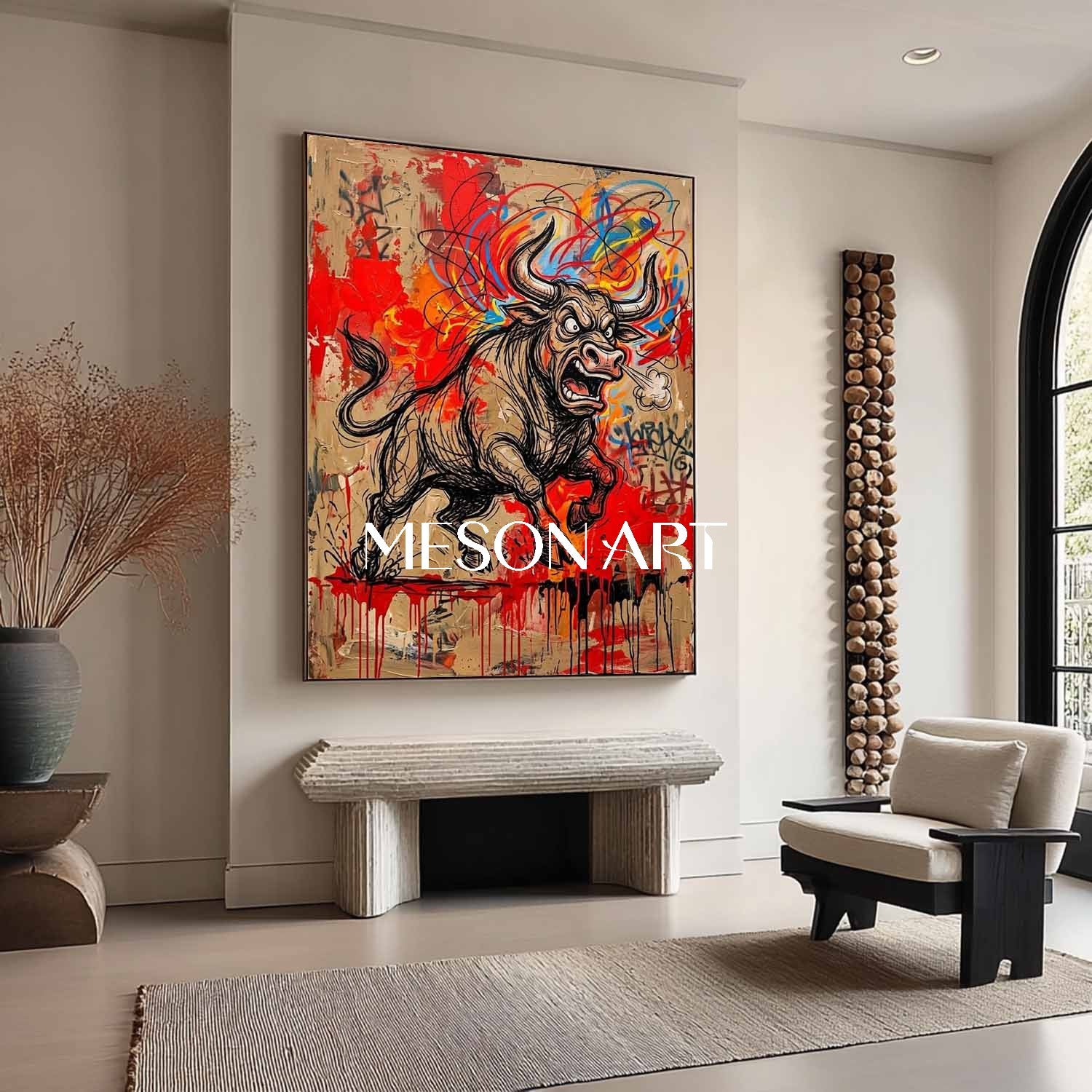MesonArt Abstract Charging Bull Canvas Painting Red Graffiti Plaster Textured Wall Art for Modern Office Decor