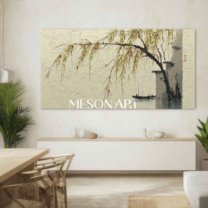 Minimalist Willow Landscape in Ink-Wash Style – Framed Wall Art | Mesonart