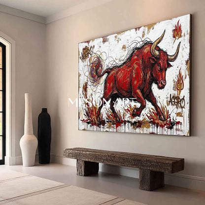 Aggro Red Bull Graffiti Canvas Painting 3D Textured Modern Wall Art for Office & Living Room