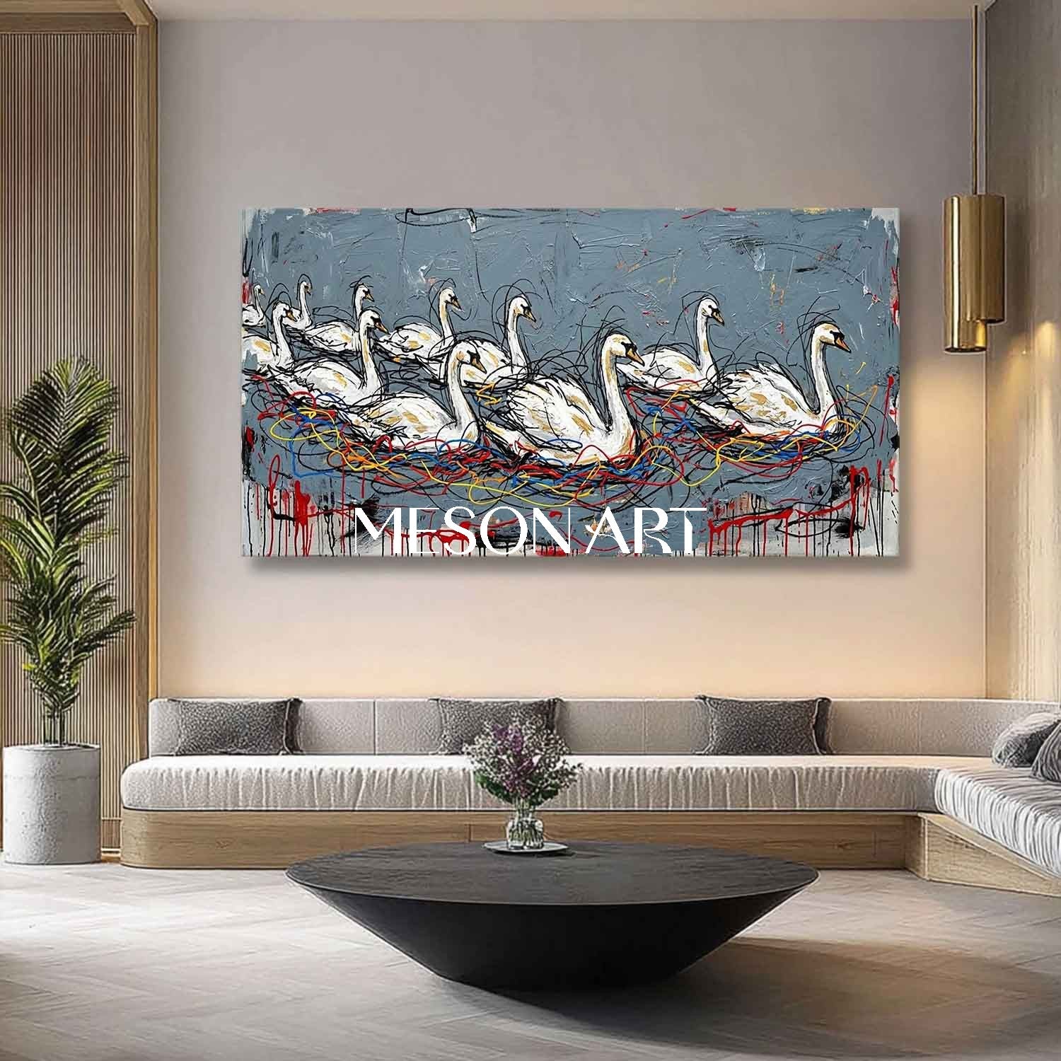 Large Abstract Textured Swan Oil Painting on Canvas by MesonArt - Modern Grey and White Expressive Wall Art