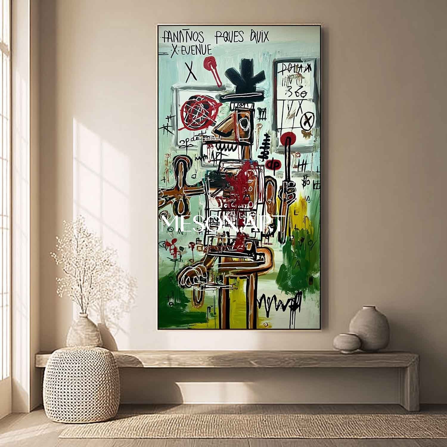 Basquiat Inspired Green Abstract Graffiti Art Large Vertical Canvas