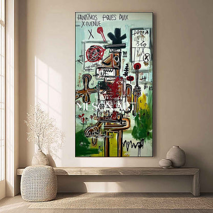 Basquiat Inspired Green Abstract Graffiti Art Large Vertical Canvas