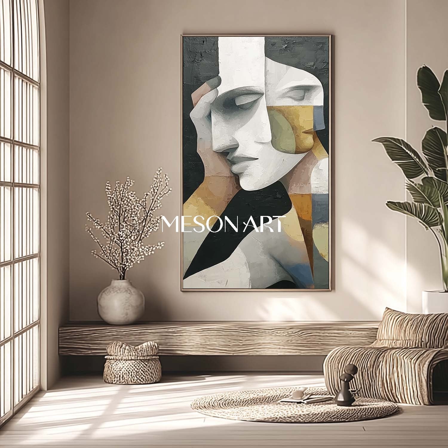 Buy Abstract Cubism Painting Textured Vertical Framed Wall Art On Sale