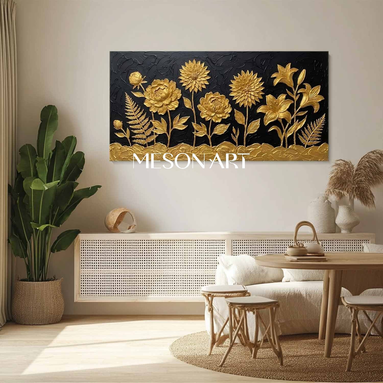Black And Gold Panoramic 3D Peony Art | Sunflower & Lily Decor