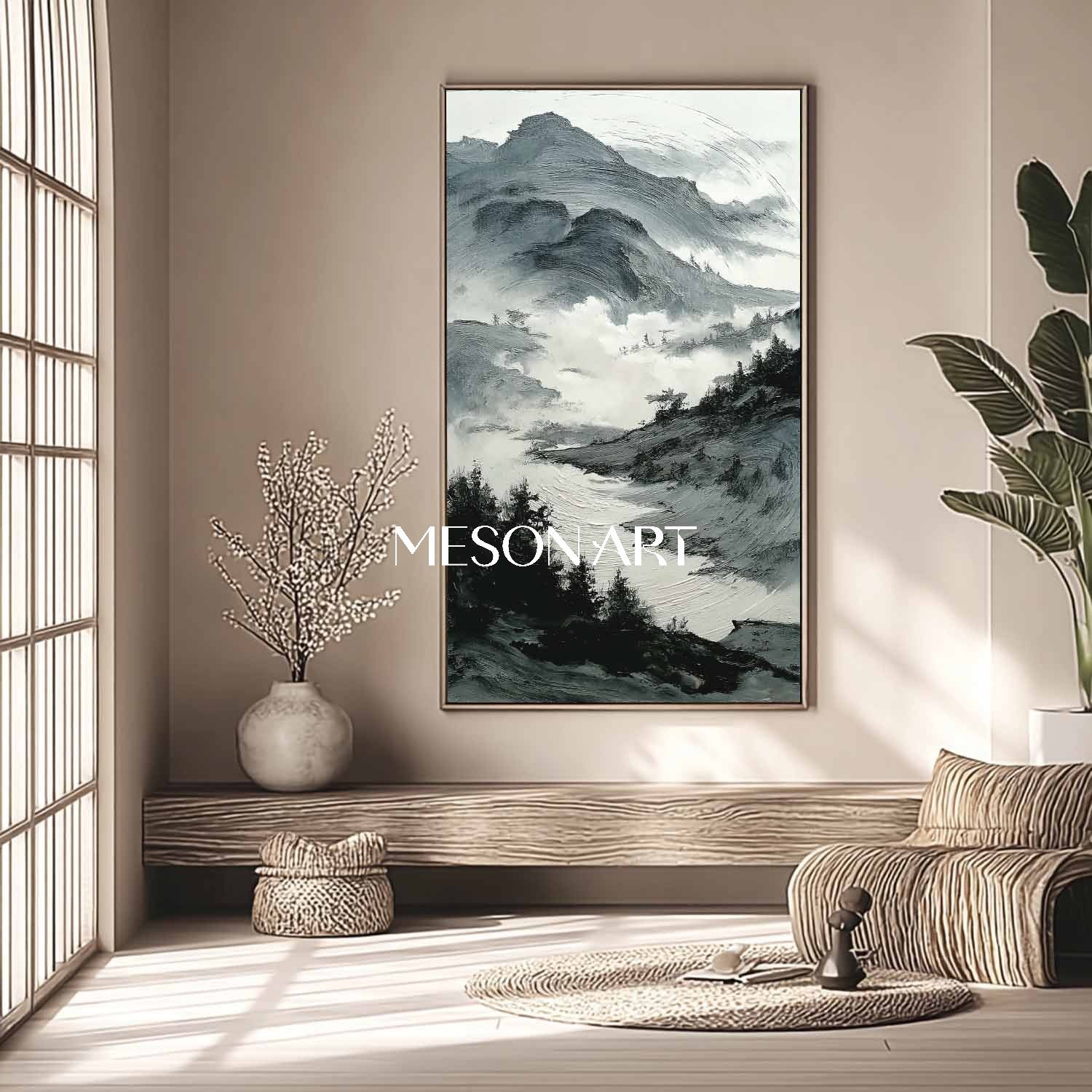 Vertical Black White Wabi Sabi Landscape Textured Canvas Entryway Art