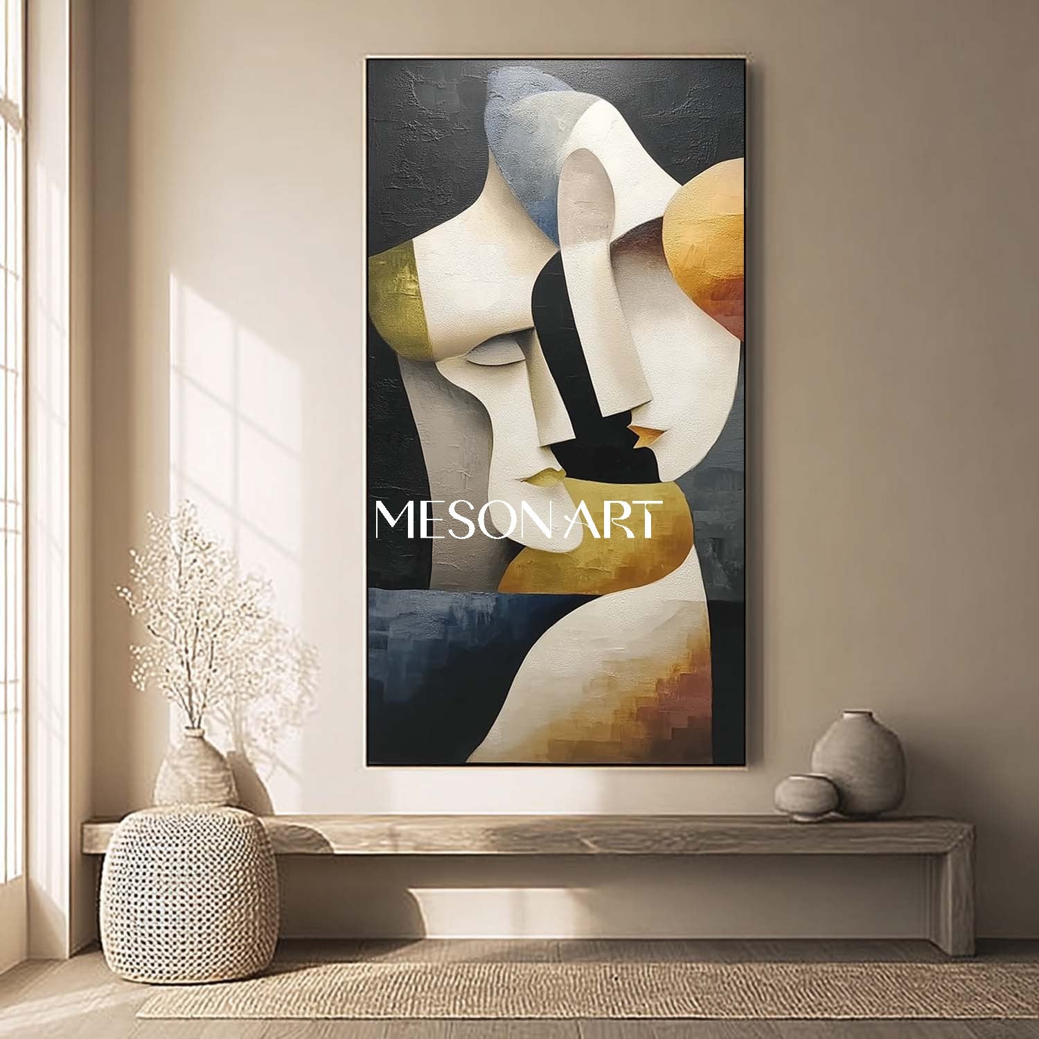 Cubist Vertical Gold Geometric Abstract Couple Original Oil Painting