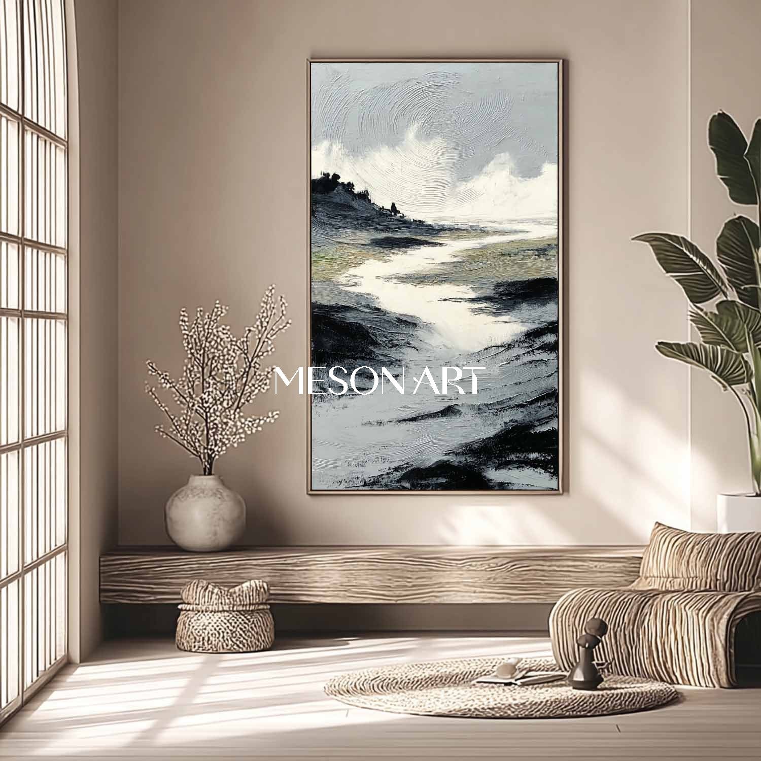 Modern Impasto Landscape Painting Neutral Mountain Texture Artwork
