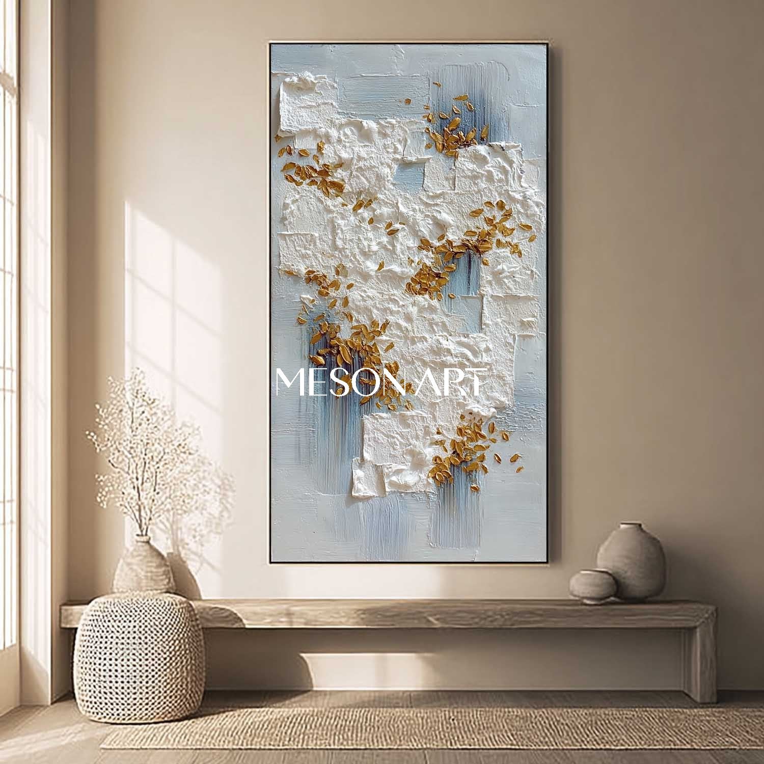 Wabi-Sabi Vertical Abstract Painting White Textured Modern Wall Art