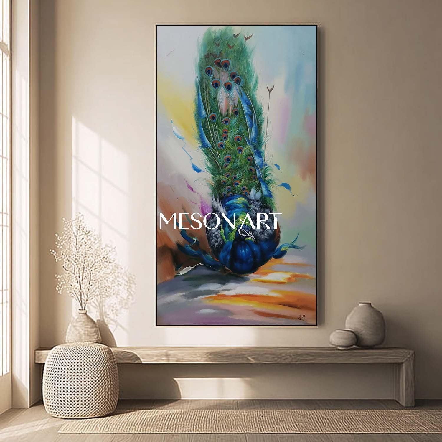Luxury Peacock Wall Art Hand-Painted Colorful Canvas Painting Entryway