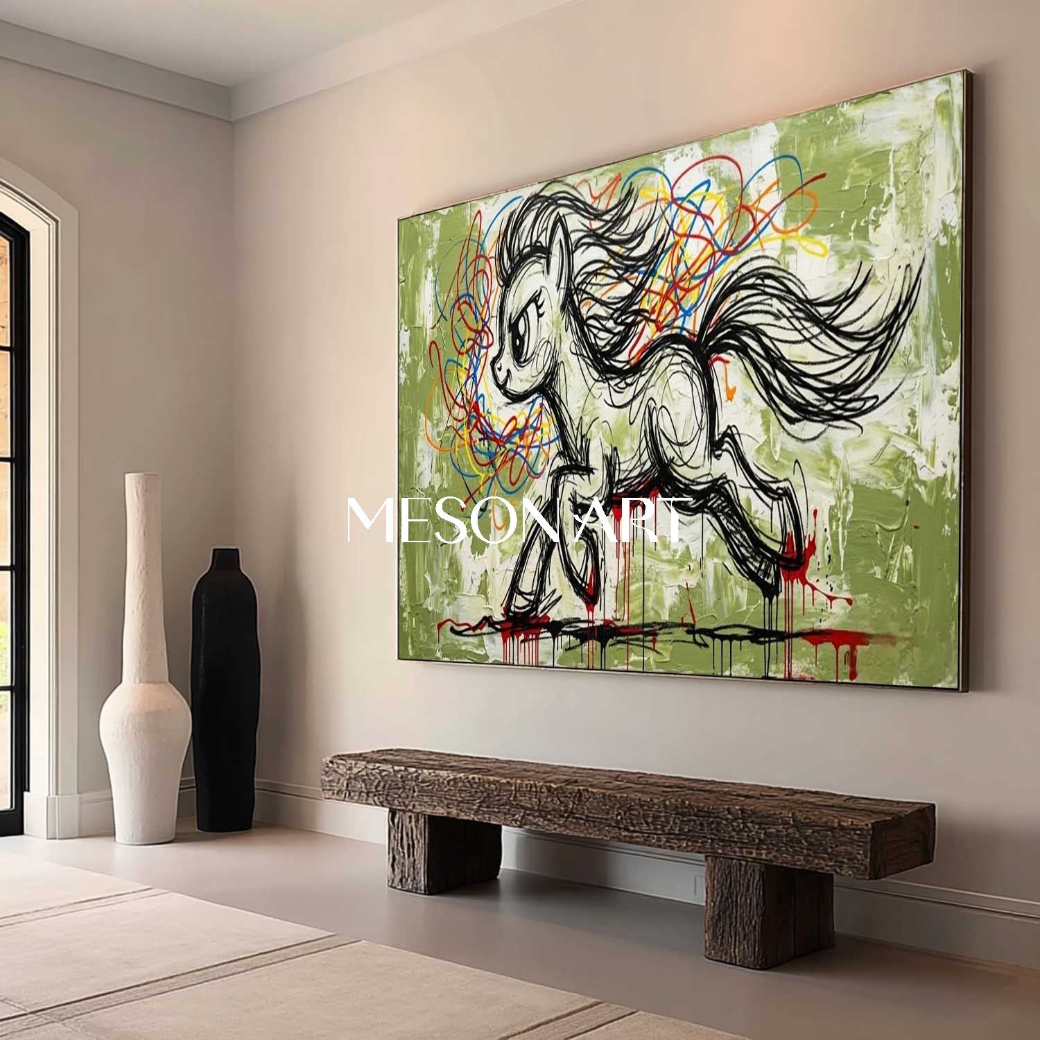 Abstract Graffiti Pony Wall Art Green Plaster Textured 3D Canvas Painting for Modern Decor