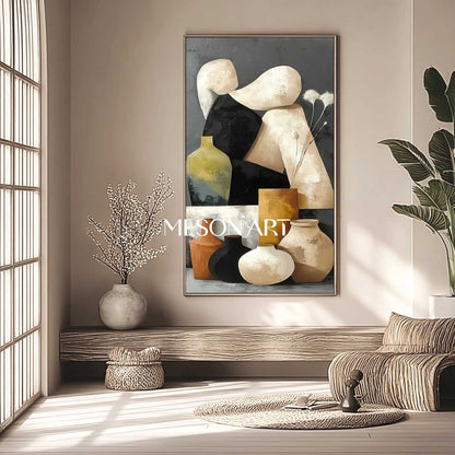 Large Vase Painting Abstract Canvas Textured Neutral Pottery Wall Art