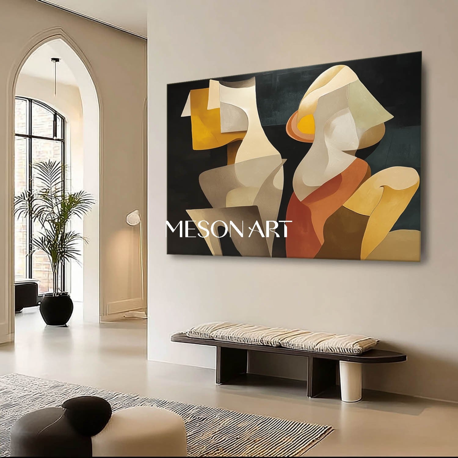 Large Black Canvas Minimalist Painting Horizontal Cubist Figure Art