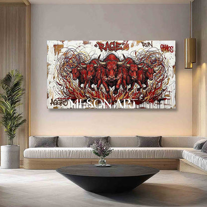 Textured Modern Red Bull Graffiti Painting on Canvas Large Panorama Framed Wall Art for Living Room