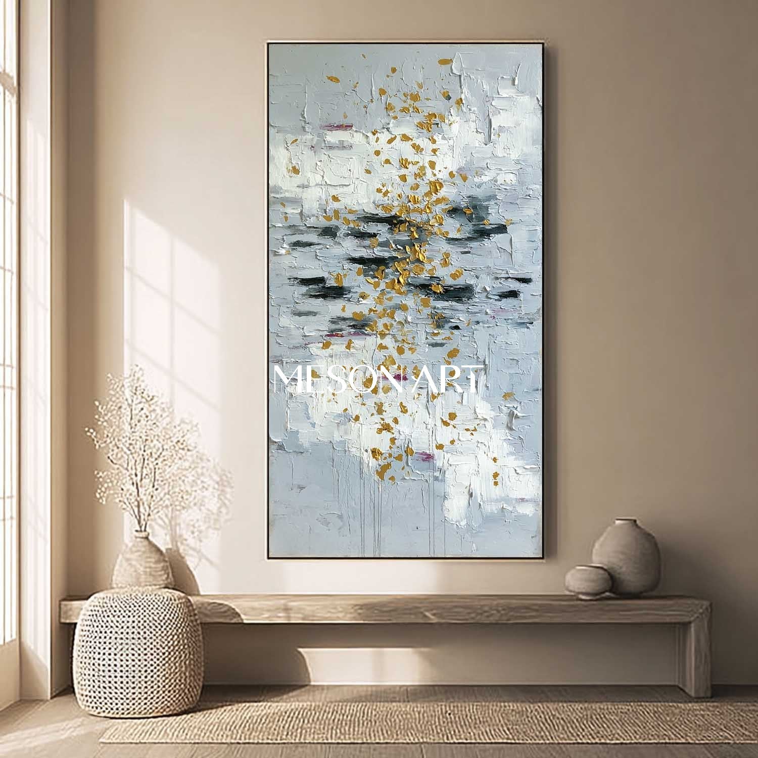 Vertical Abstract Wall Art Blue Gold Accents Large Textured Painting