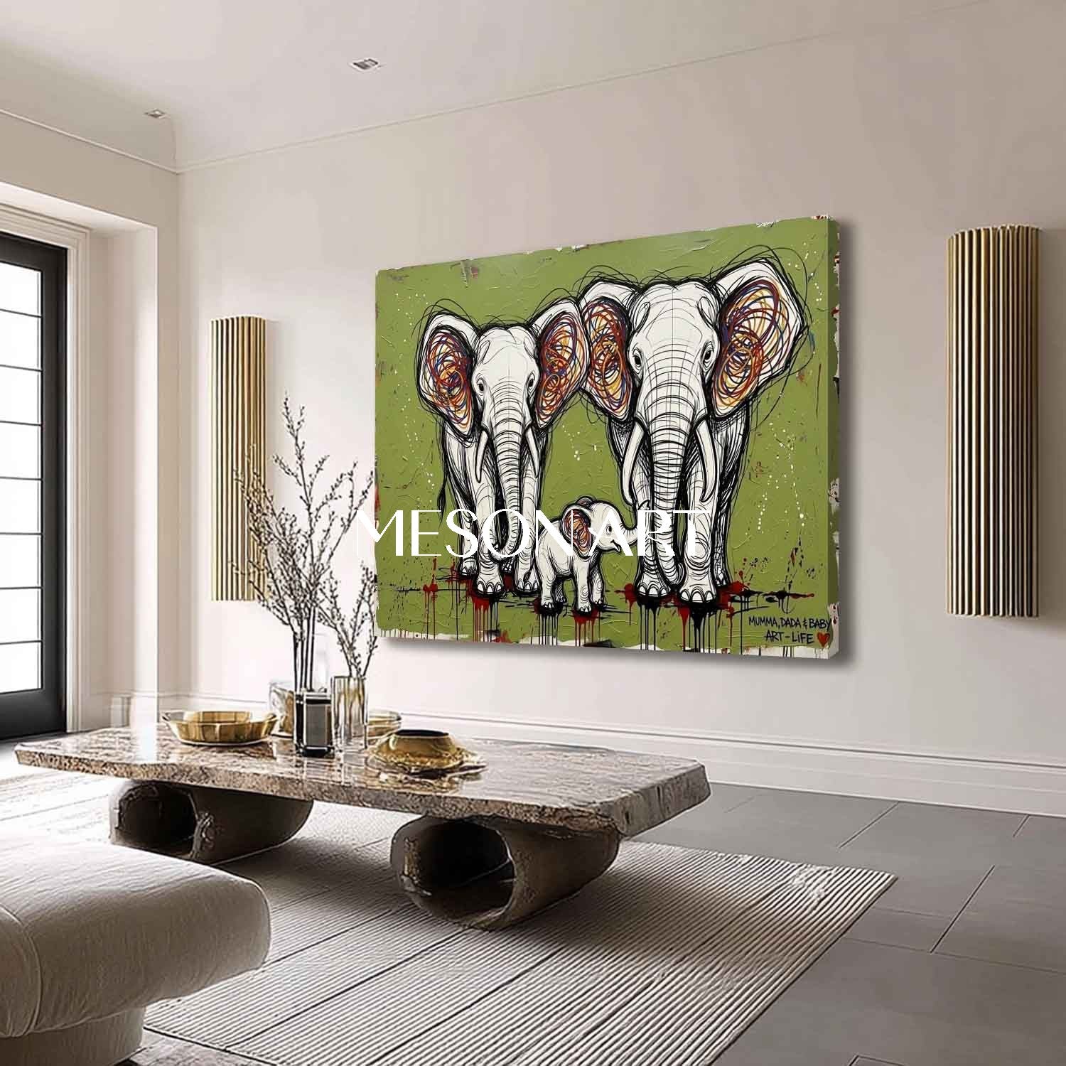Textured Elephant Family Canvas Wall Art, 3D Pop Street Art For Living Room & Nursery Decor - MesonArt