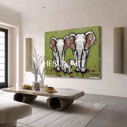 Textured Elephant Family Canvas Wall Art, 3D Pop Street Art For Living Room & Nursery Decor - MesonArt