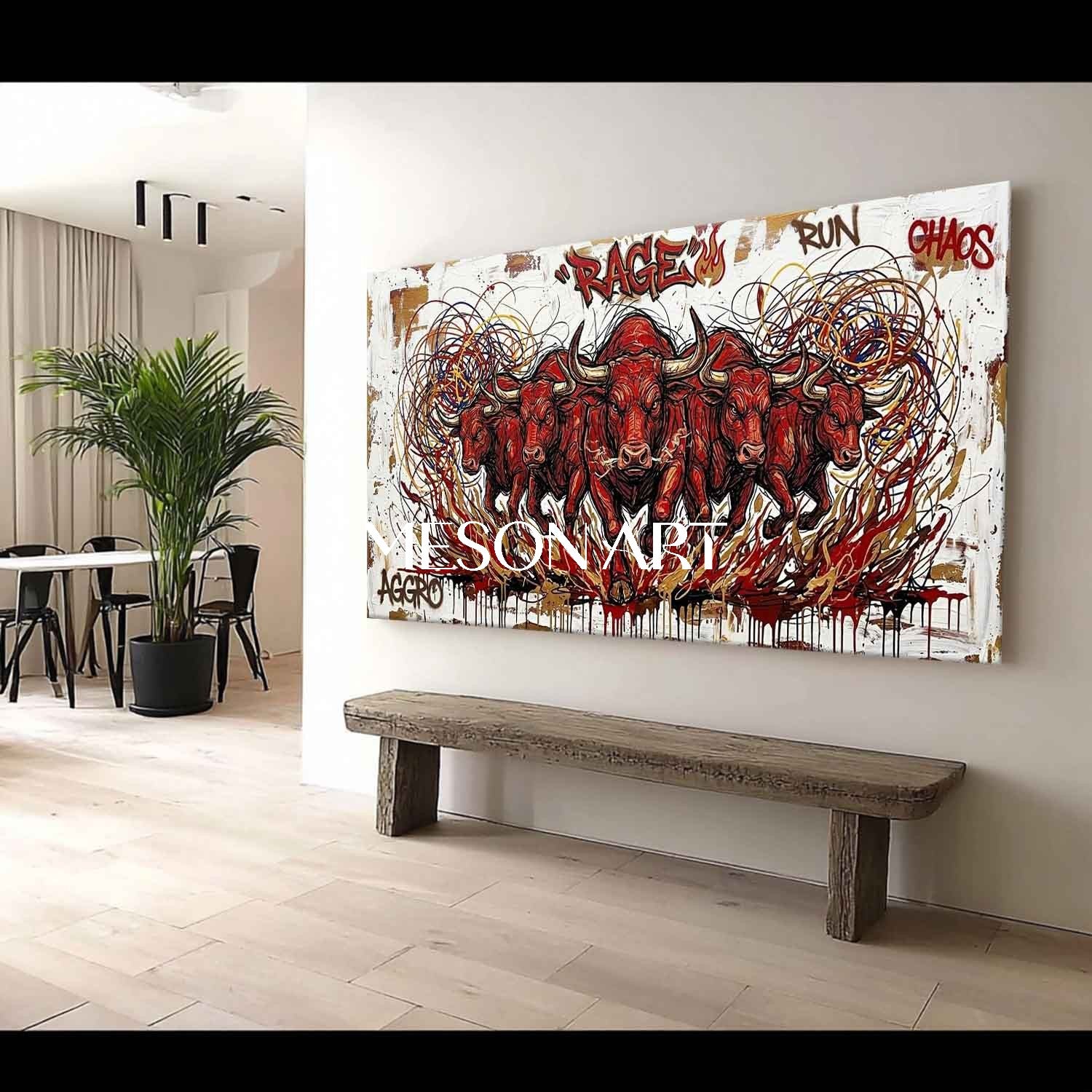 Textured Modern Red Bull Graffiti Painting on Canvas Large Panorama Framed Wall Art for Living Room