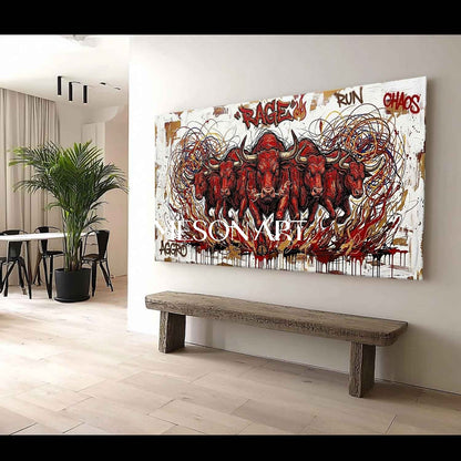 Textured Modern Red Bull Graffiti Painting on Canvas Large Panorama Framed Wall Art for Living Room