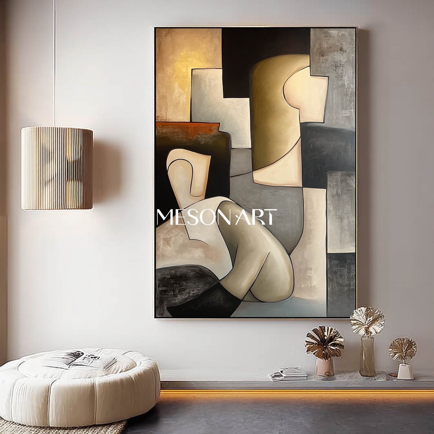 Large Picasso Style Cubist Oil Painting Black Gold Wall Art Bathroom