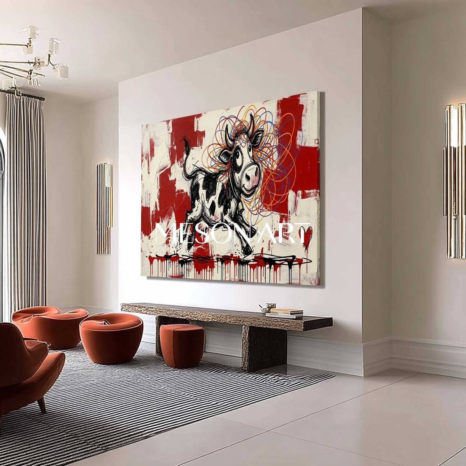 Contemporary Street Art Cartoon Cow Colorful Yarn Ball Living Room Painting