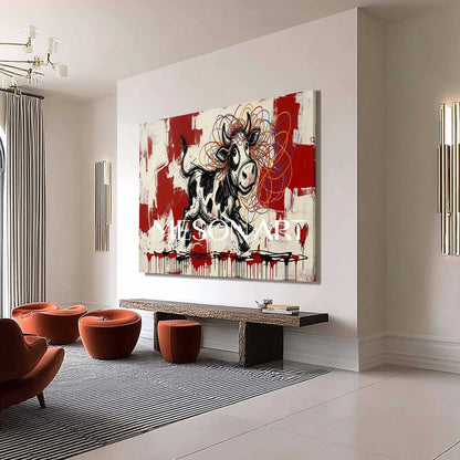 Contemporary Street Art Cartoon Cow Colorful Yarn Ball Living Room Painting
