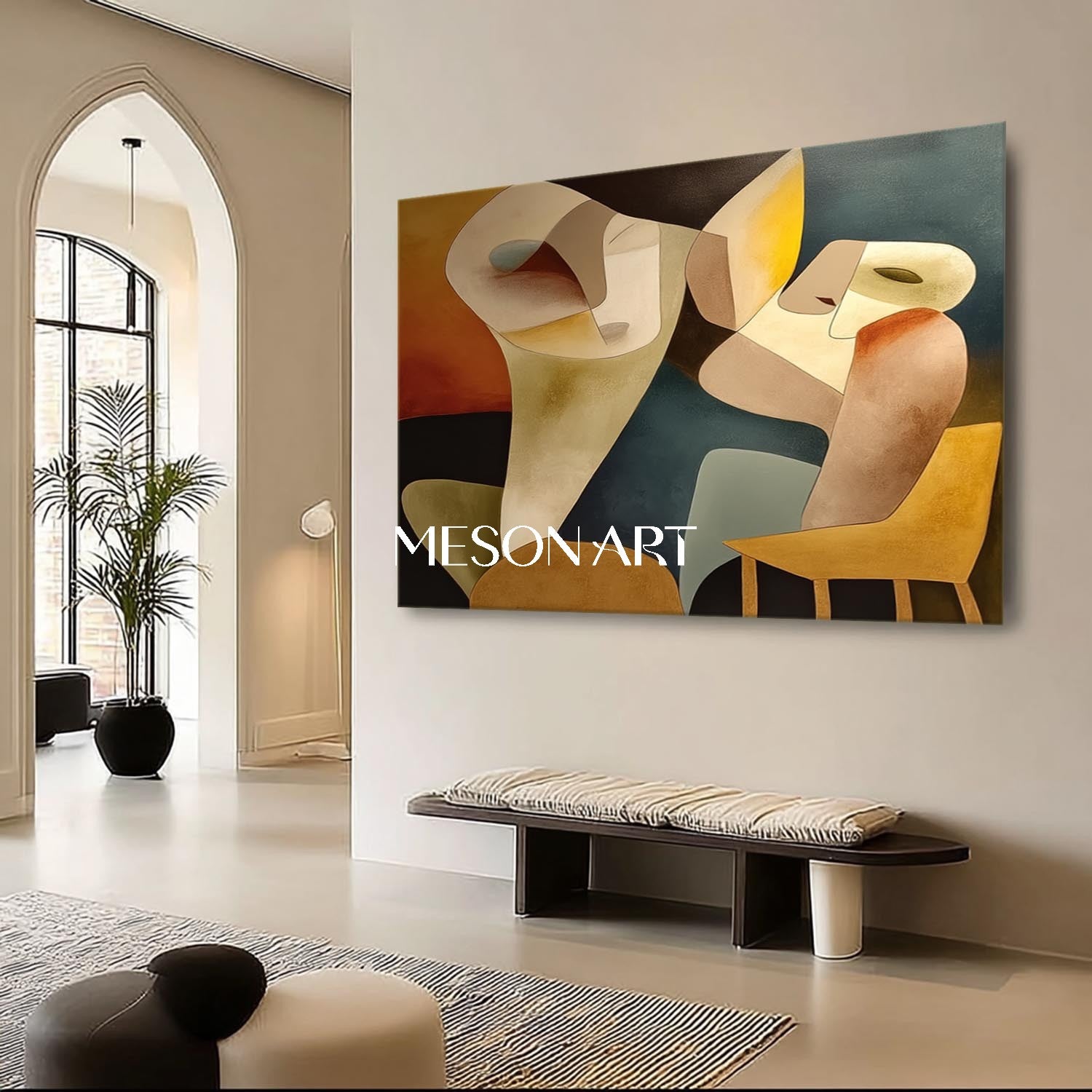 Original Geometric Abstract Canvas Colorful Cubist Painting Bedroom