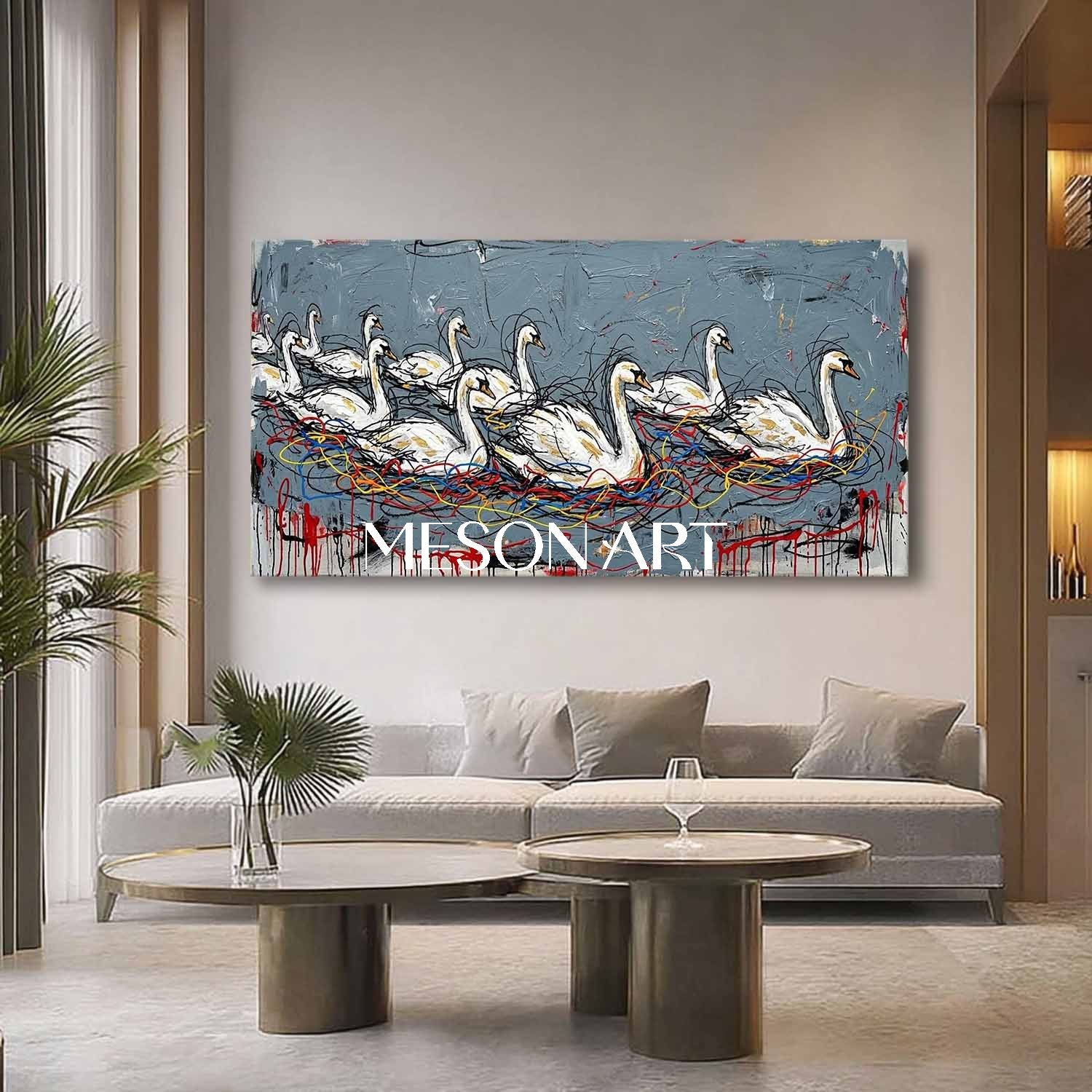 Large Abstract Textured Swan Oil Painting on Canvas by MesonArt - Modern Grey and White Expressive Wall Art