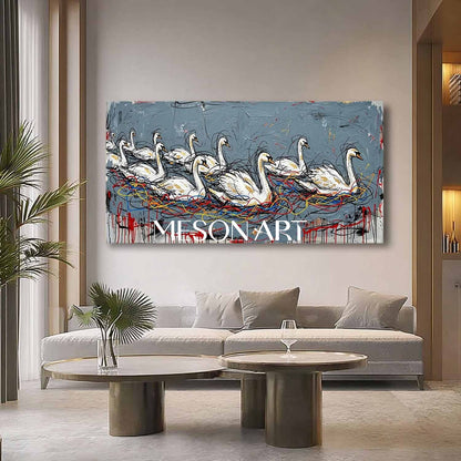 Large Abstract Textured Swan Oil Painting on Canvas by MesonArt - Modern Grey and White Expressive Wall Art
