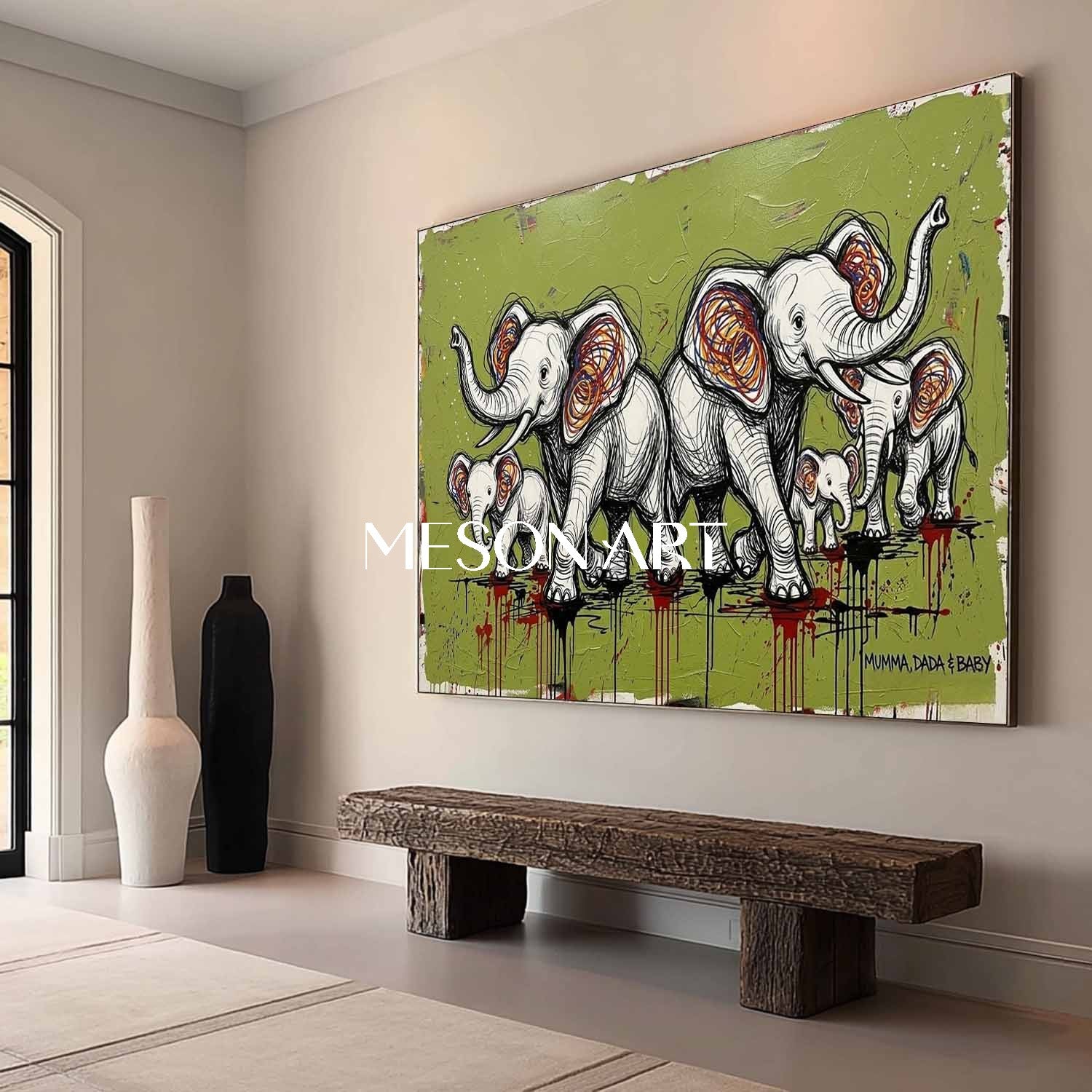 Large Elephant Art Canvas Olive Green Background Contemporary Animal Art
