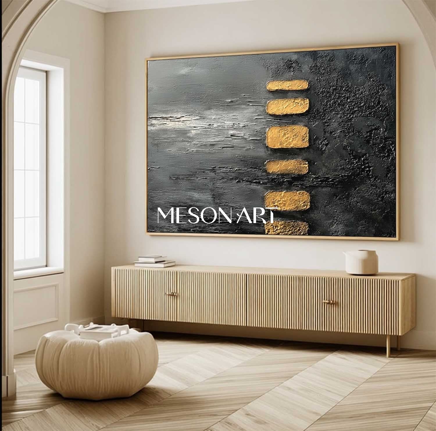 Modern Abstract Gold and Black Wabi-Sabi Painting for Luxury Spaces