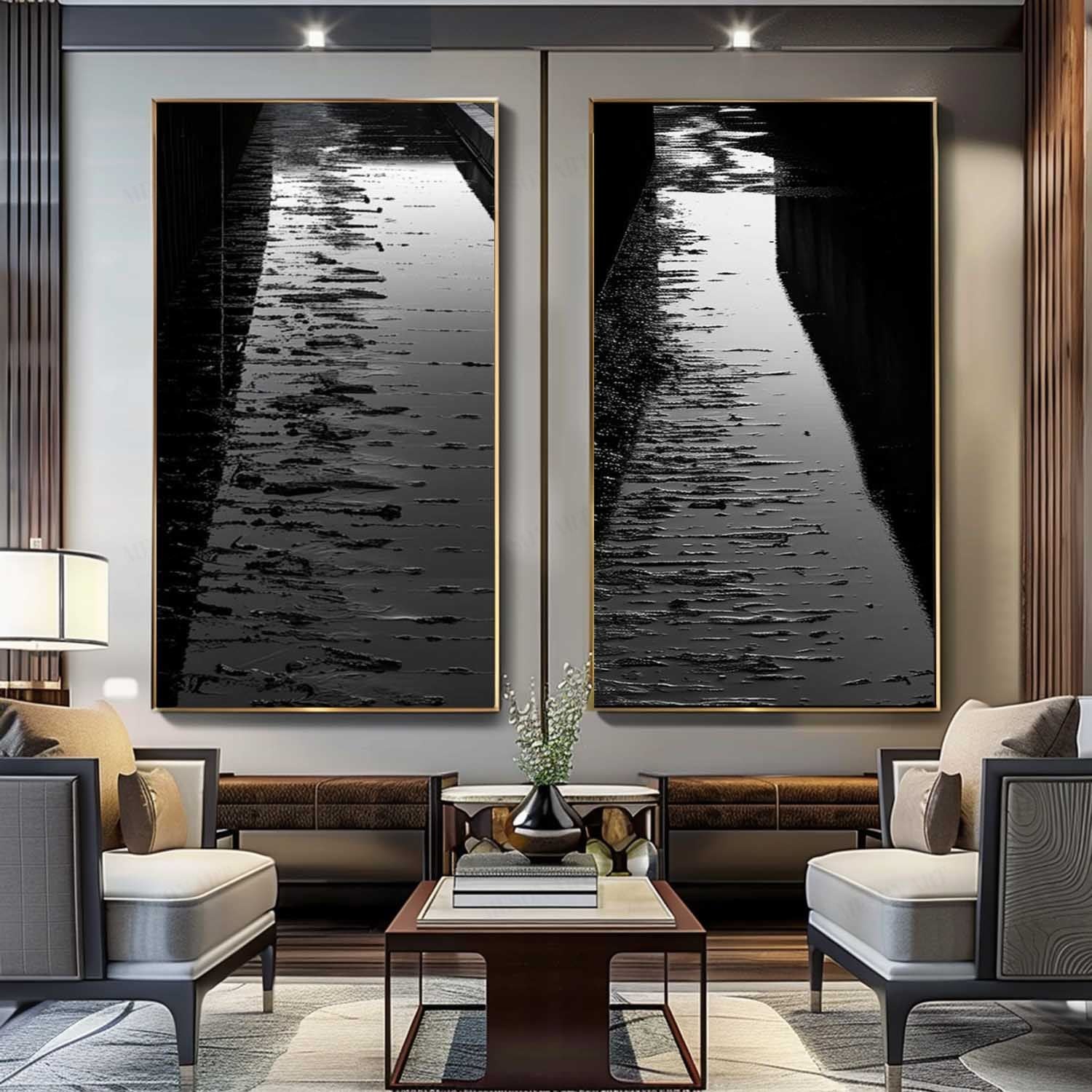 Set of 2 Large Black Abstract Art on Canvas Black Abstract Wall Art Black Abstract Texture Painting