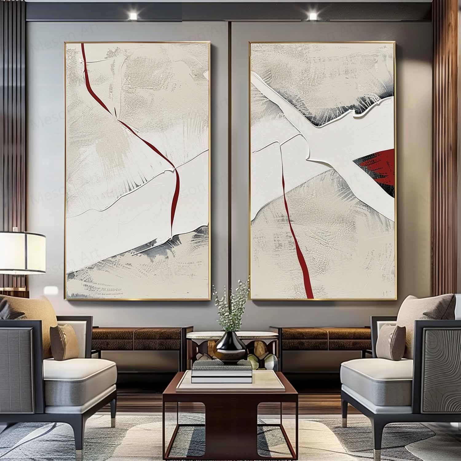 Large Red and White Minimalist Textured Art Set of 2 for Sale Red and White Plaster Textured Canvas Painting