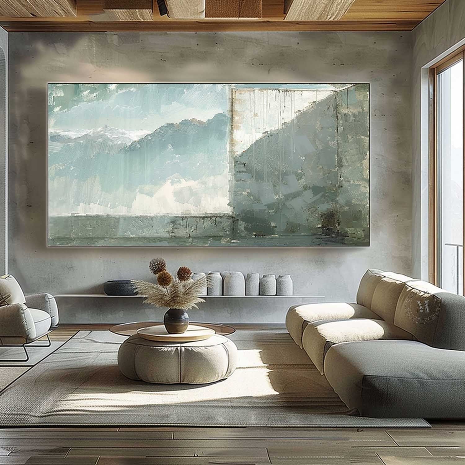 Large Gray and Green Scenic Canvas Art Wabi-Sabi Wall Art Gray and Green Minimalist Wall Art Decor