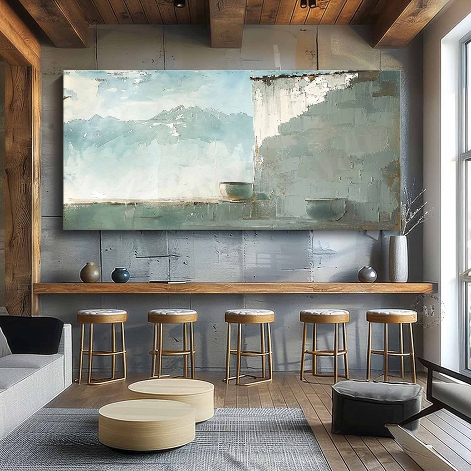 Large Green and Grey Landscape Canvas Art for Sale Wabi-Sabi Wall Art Green Landscape Painting