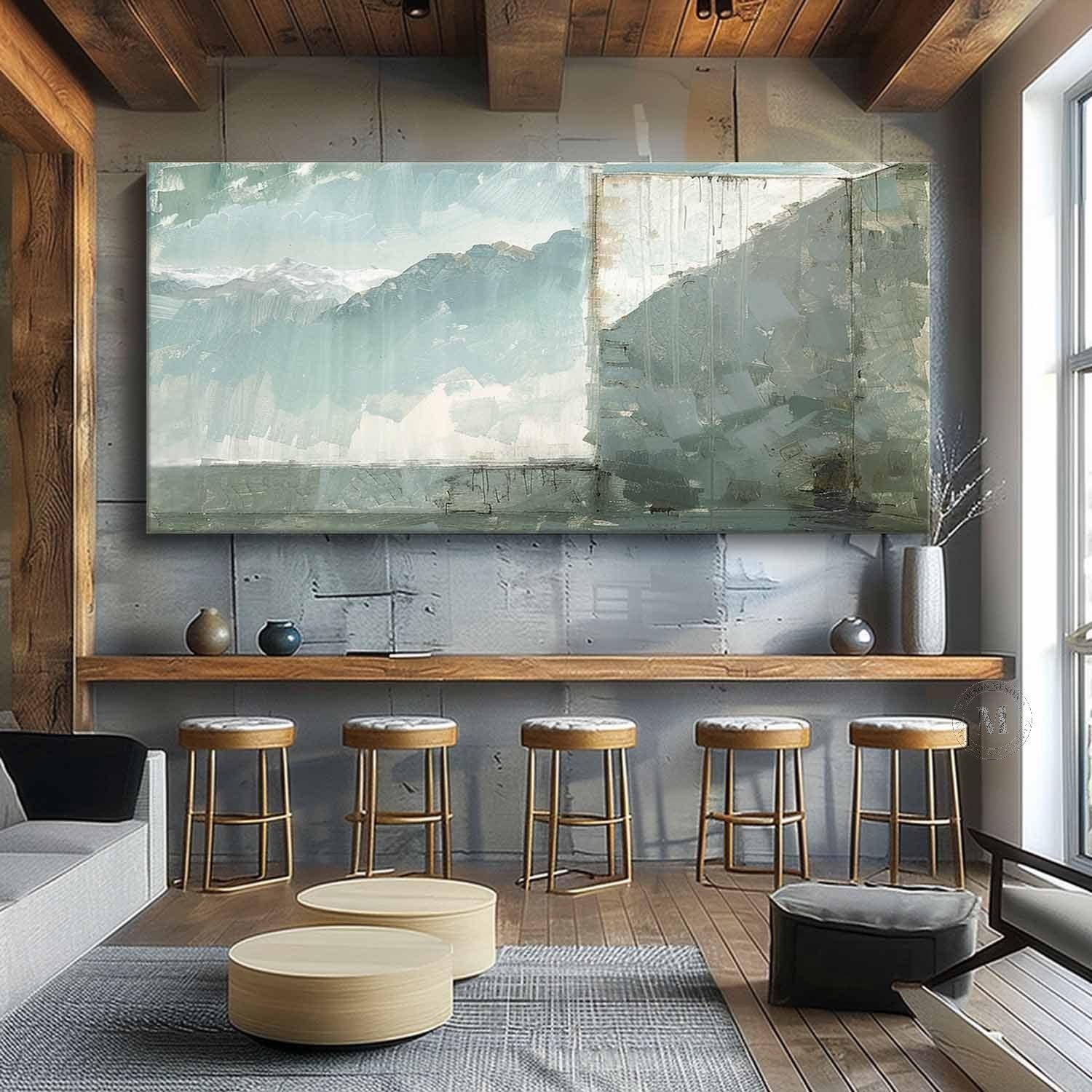 Large Gray and Green Scenic Canvas Art Wabi-Sabi Wall Art Gray and Green Minimalist Wall Art Decor