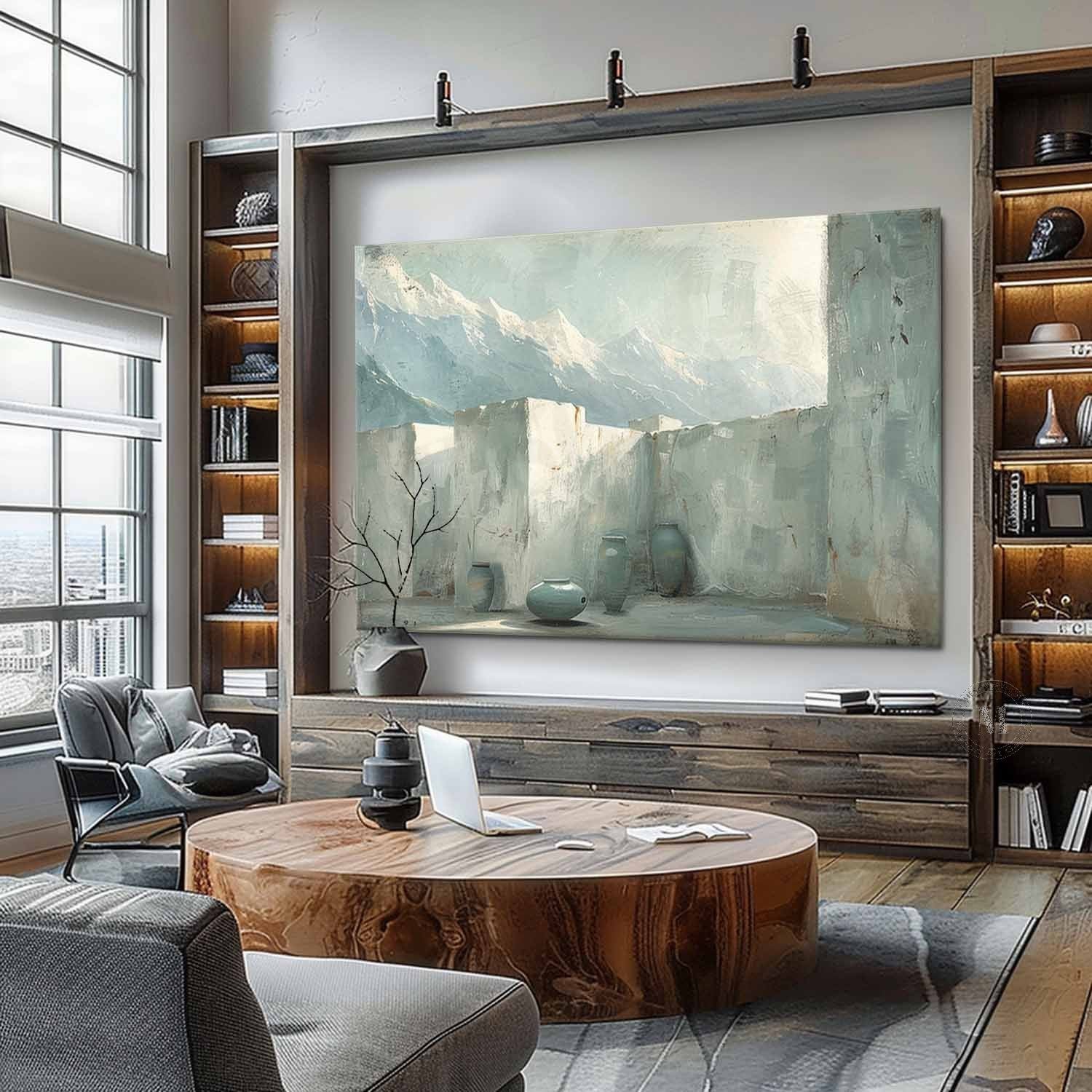 Grey and Green Landscape Canvas Art Wabi-Sabi Wall Art Modern Grey and Green Abstract Wall Art Decor